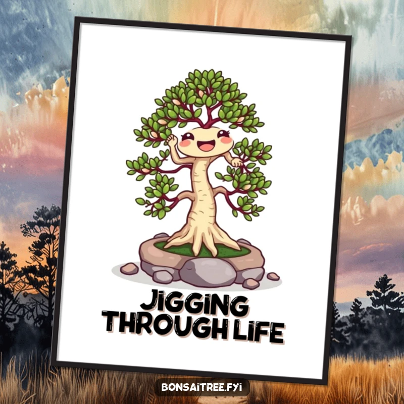 Funny Jigging Bonsai Tree Digital Art Print: A cheerful bonsai dances with stones, offering instant, humorous, and vibrant wall decor.