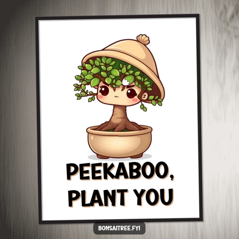 Funny shy bonsai tree character peeking out from under a tiny hat, rendered as digital art for instant download.