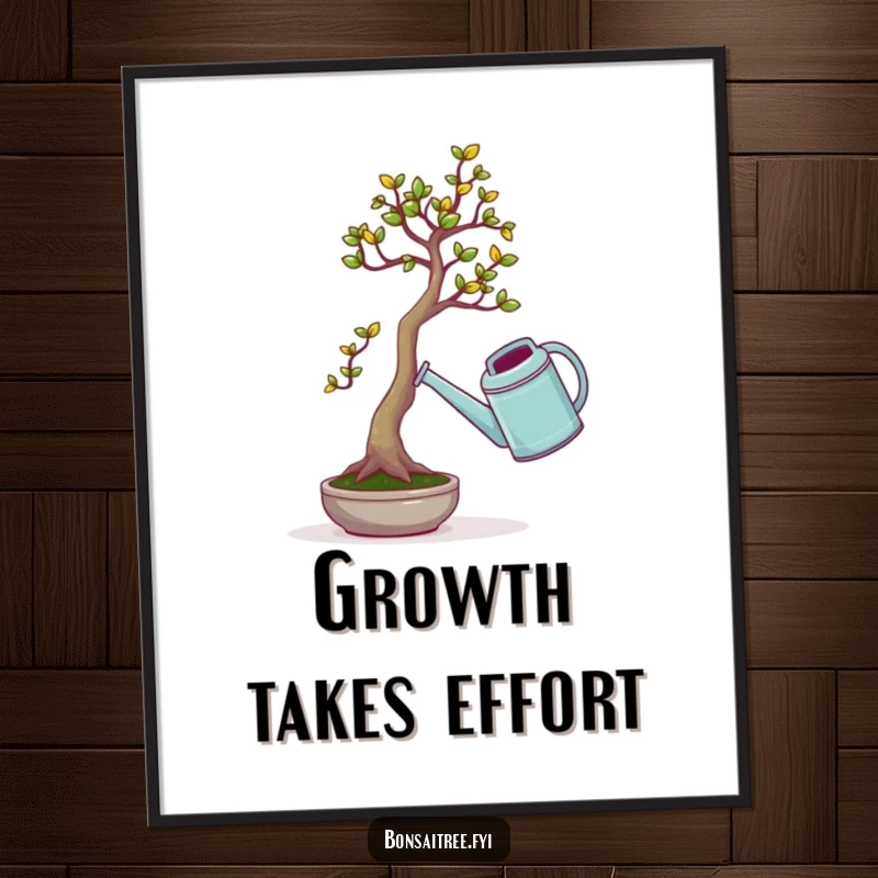 Funny digital art print of a tiny bonsai tree comically struggling to lift an oversized watering can, a humorous downloadable artwork.