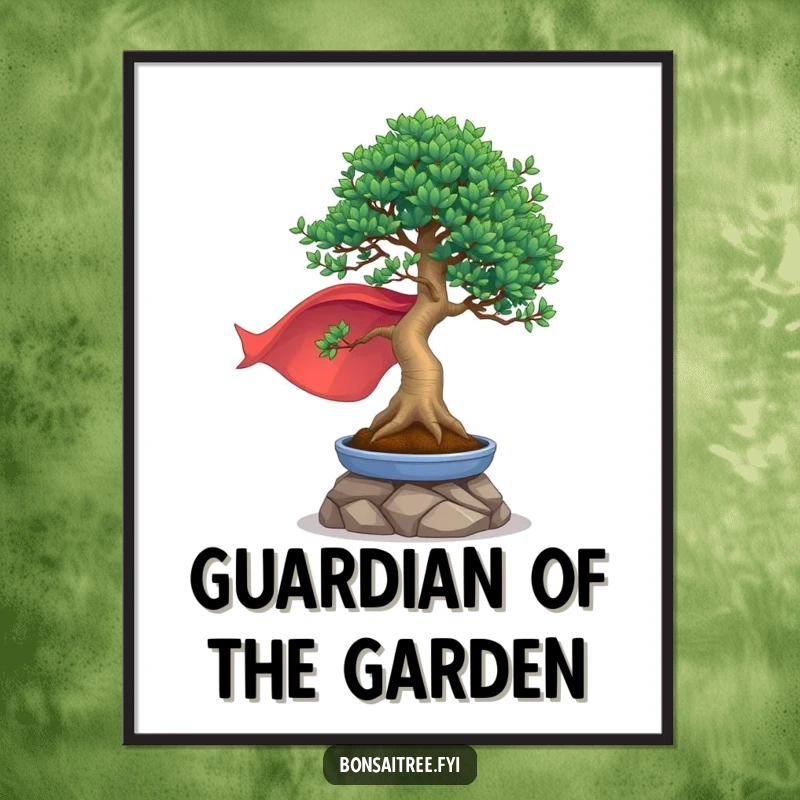 Funny, downloadable digital art print of a bonsai tree in a cape striking a heroic pose, perfect for epic decor.