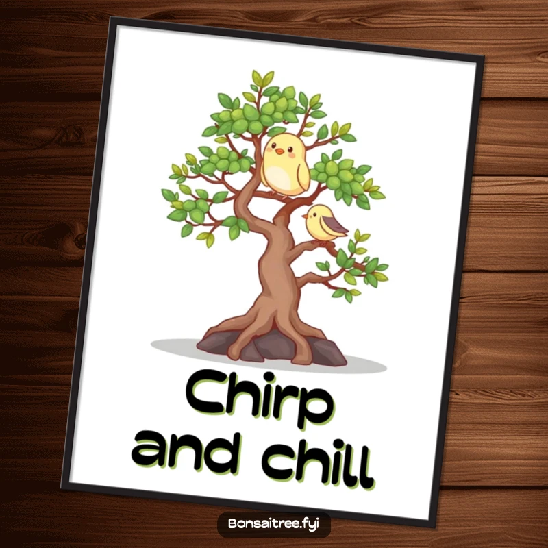Funny digital art print of a happy bonsai tree with a bird, offering instant natural charm and cheerful decoration.