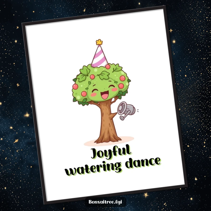Funny digital art print of a miniature bonsai tree in a party hat, dancing with a watering can, bringing festive energy.