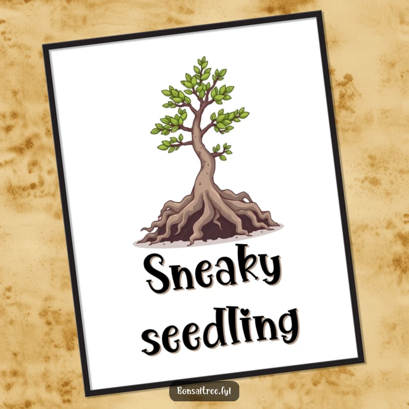 Funny digital art print of a mischievous bonsai tree with its playful roots peeking out, adding instant whimsical charm.