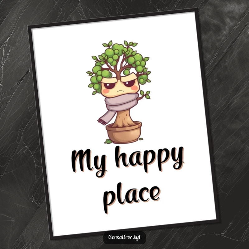Funny grumpy bonsai tree character artwork, grumpy expression, printable digital art, excellent for home or office decor, a humorous piece.