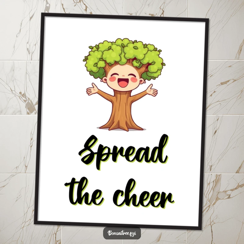 Funny digital art print of a miniature bonsai tree character cheering enthusiastically with outstretched arms. Instant downloadable joy for any space.