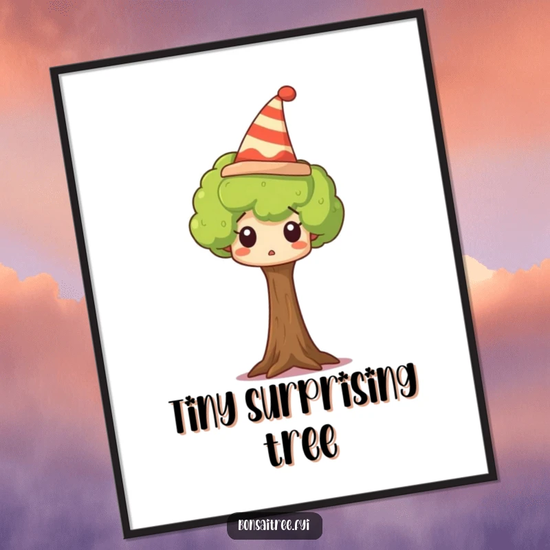 Funny tree digital art print of a tiny tree wearing a silly hat and looking wide-eyed with surprise, full of charm.
