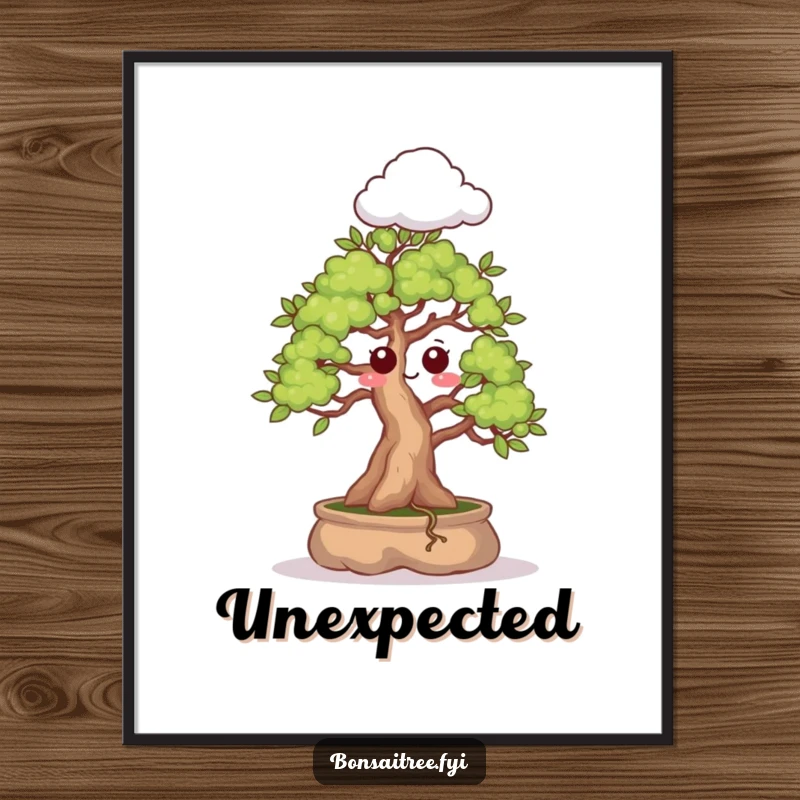 Funny digital art print of a bonsai tree with a surprised expression sprouting a cloud, perfect for adding whimsical decor.