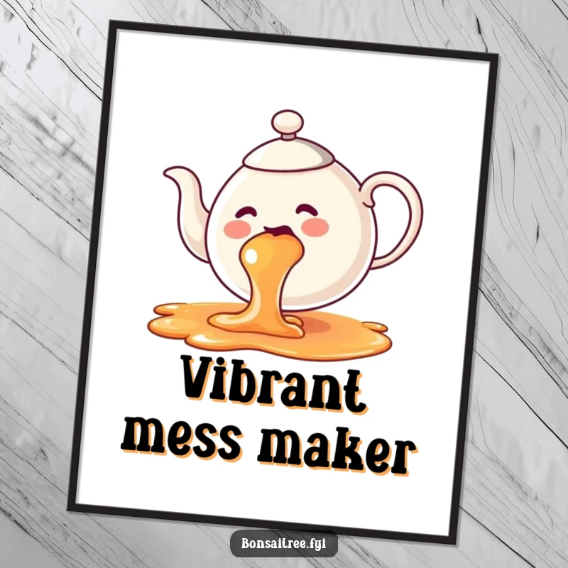 Funny teapot digital art print, artfully spilling a vibrant rainbow of tea, a joyful and colorful piece.