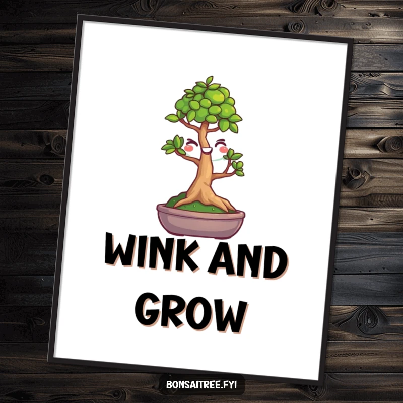 Funny digital art print of a tiny bonsai tree with a friendly smiley face, giving a playful wink. Instant downloadable humor for any space.