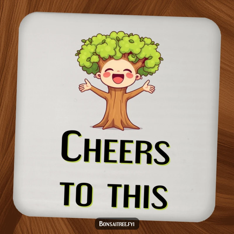 Funny set of drink coasters featuring a small bonsai tree character cheering happily with open arms. Adds a touch of joy to tabletops.