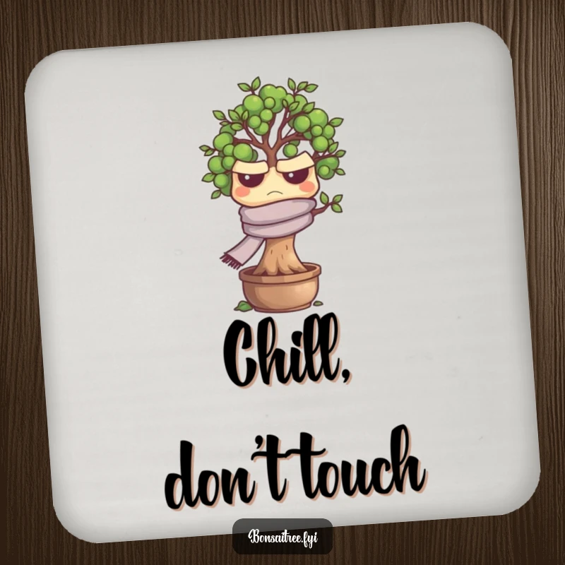 Funny grumpy bonsai tree character looking annoyed on a drink coaster, adding a touch of humor to home decor, a practical item.