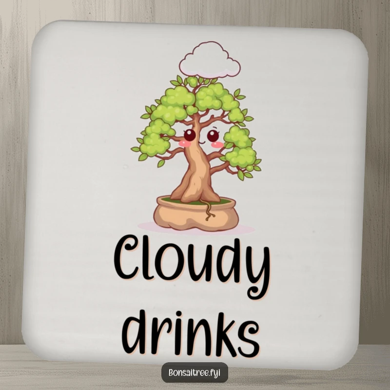 Funny drink coaster featuring a bonsai tree with a surprised expression sprouting a cloud, adding charming and humorous protection.