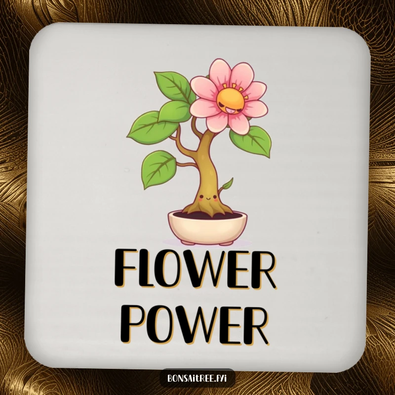 Funny drink coaster featuring a smiling bonsai tree with a cheerful expression, sprouting a giant flower, protecting surfaces with humor.