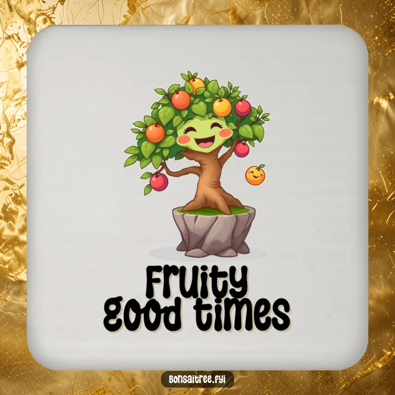 Funny joyful bonsai tree character bouncing a small, colorful fruit, guarding drinks with joy on a coaster.