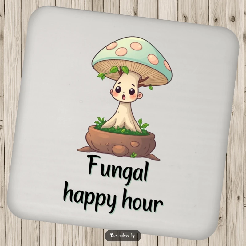 Funny drink coasters showcasing a surprised bonsai character and a giant mushroom, offering both protection and amusement.