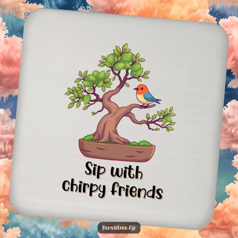 Funny set of drink coasters featuring a bonsai tree character balancing a tiny, colorful bird on its branch, protecting surfaces with humor.