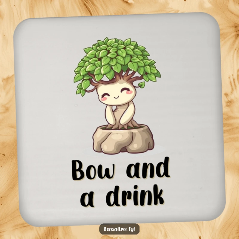 Funny set of drink coasters featuring a bonsai tree character bowing playfully with a warm smile, protecting surfaces with humor.