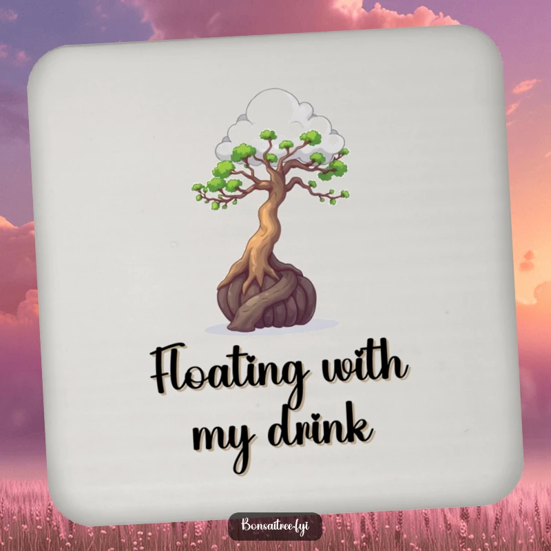Funny drink coasters showcasing a bonsai tree sculpting a cloud, adding artistic flair and humor to any table.
