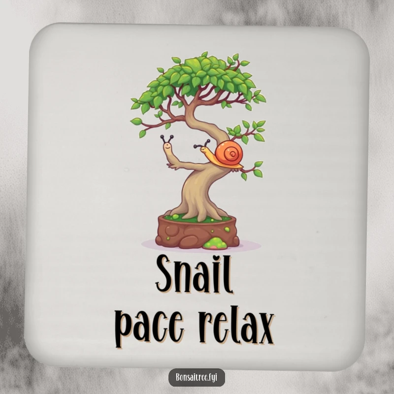 Funny Bonsai Tree Coaster: A mischievous bonsai character balancing a tiny snail on its canopy, adding playful art to tables.