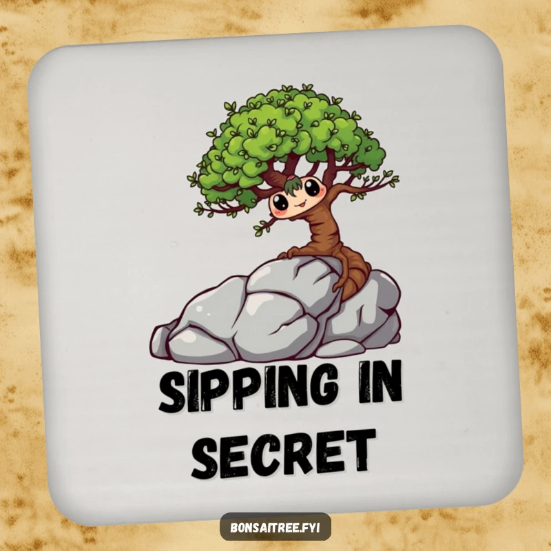 Funny Bonsai Tree Coaster with a mischievous character hiding behind a rock, protecting surfaces with a dose of plant humor.