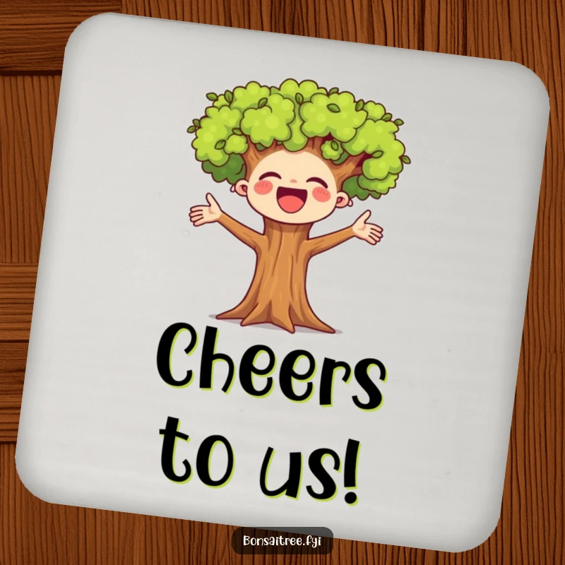 Funny set of drink coasters featuring a cheerful tree, bringing happiness and protecting surfaces.