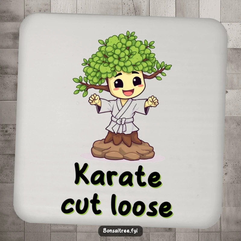 Funny drink coasters showcasing a happy bonsai tree character performing a tiny karate chop. Adds power and protection.