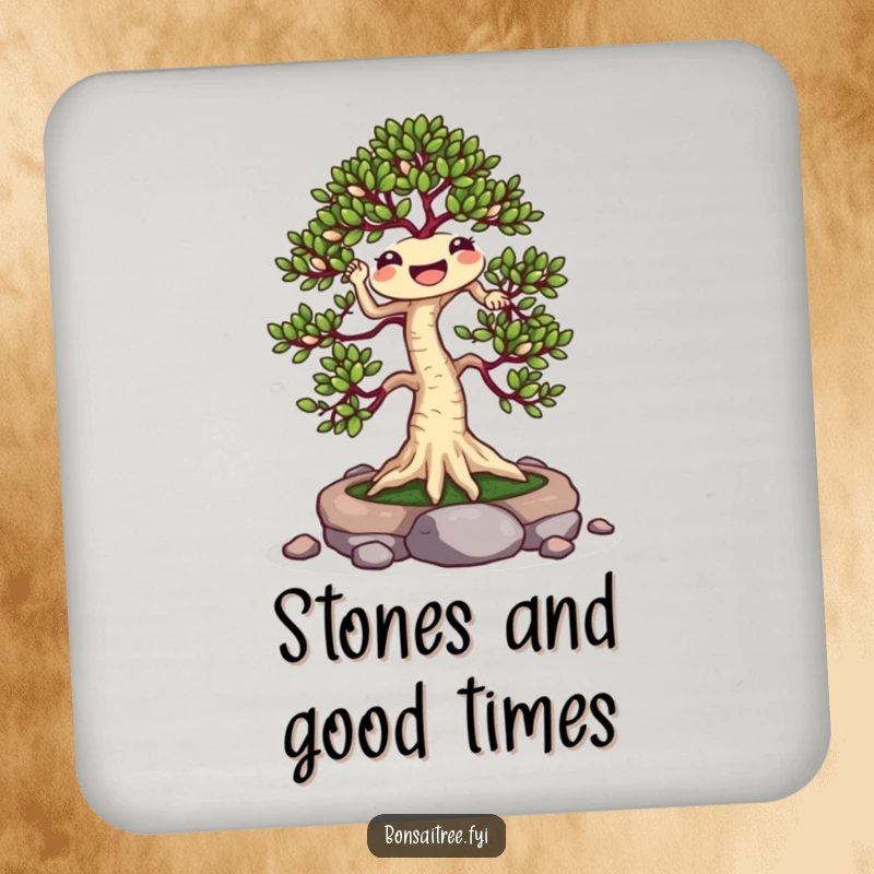 Funny Jigging Bonsai Tree Coaster: A cheerful bonsai dances with stones, offering humorous protection and a playful touch to your drinks.