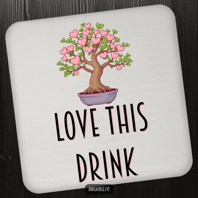 Funny set of drink coasters featuring a bonsai tree with leaves shaped like tiny hearts. Adds a humorous and protective element to tabletops.