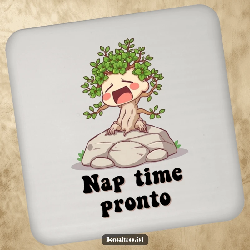 Funny drink coasters featuring a tired bonsai tree character yawning widely while sunbathing on a rock.