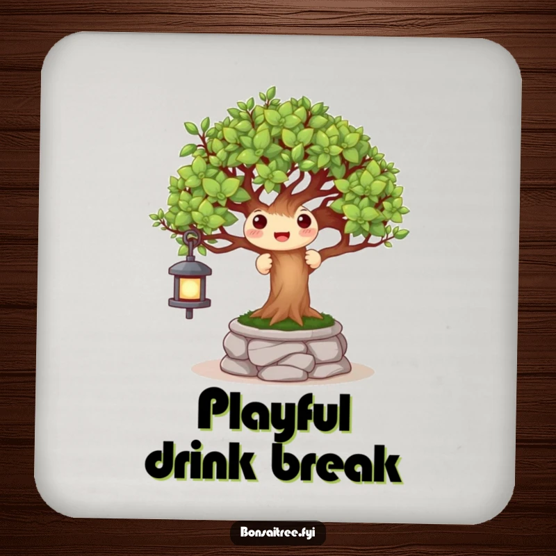 Funny coaster featuring a happy bonsai tree character playing peek-a-boo behind a miniature stone lantern, a charming surface protector.
