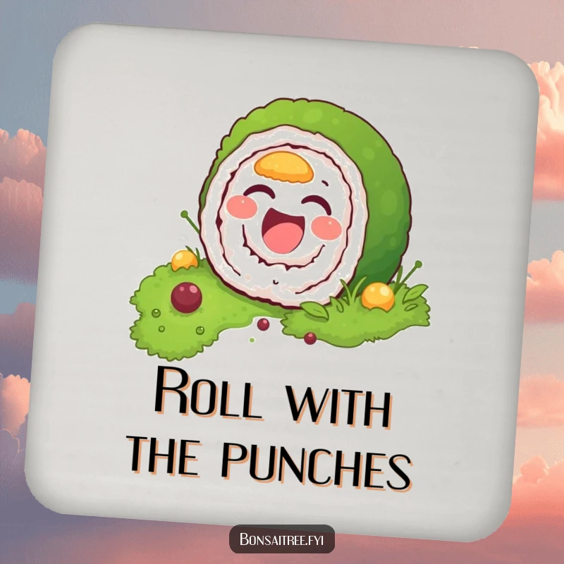 Funny drink coaster with a laughing sushi roll character attempting to blend in with moss, protecting surfaces with a humorous design.