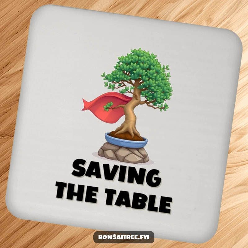 Funny drink coasters featuring a bonsai tree in a cape striking a heroic pose, adding superhero charm to any surface.