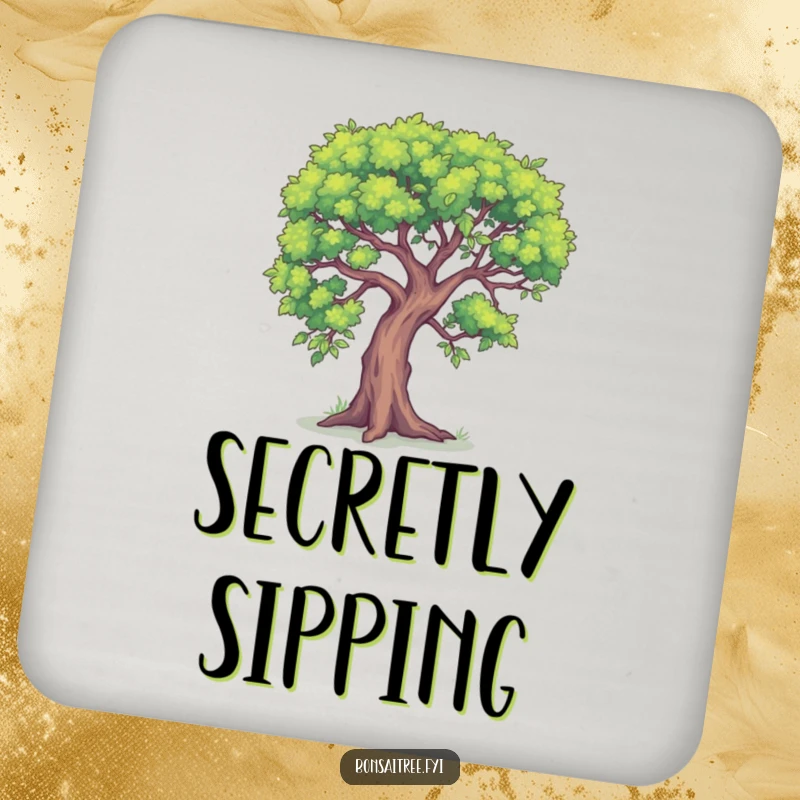 Funny set of drink coasters featuring a bonsai tree leaning in as if telling a secret. Adds a humorous and protective element to tabletops.