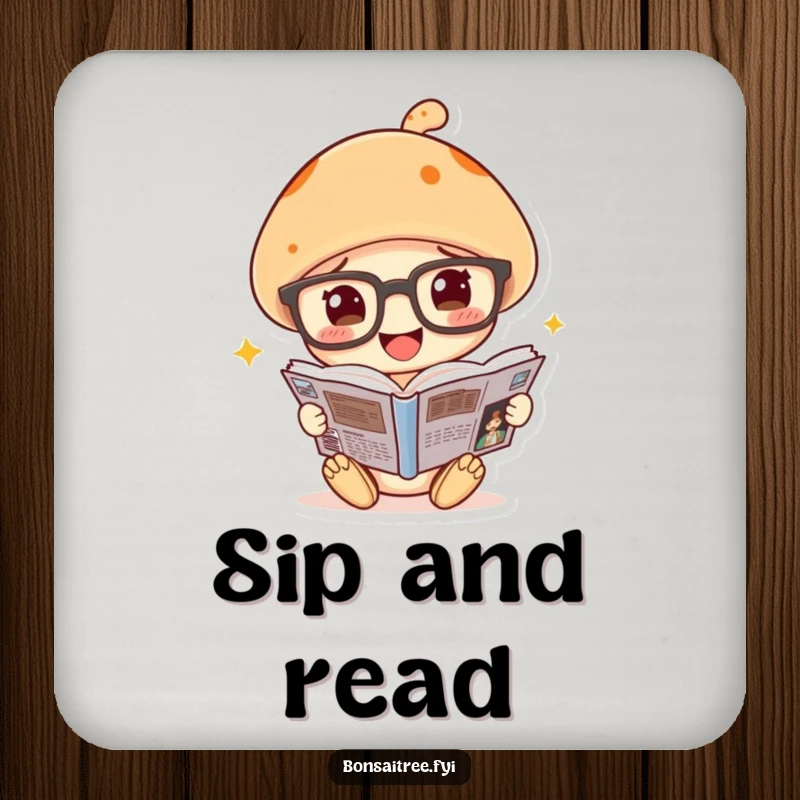 Funny mushroom coaster, wearing spectacles, reading a comic book, adding a touch of intellectual humor to beverage placement.