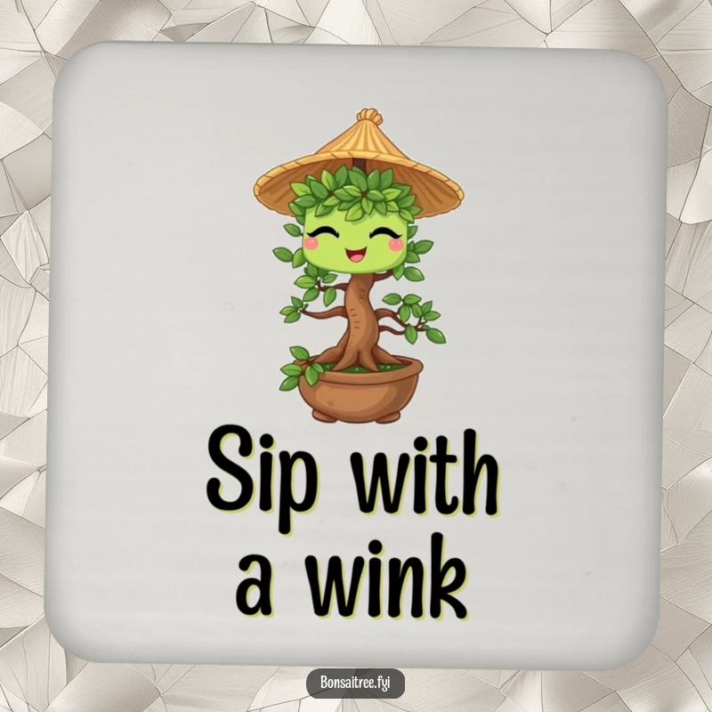 Funny Bonsai Tree Coaster: A charming bonsai character winks playfully while wearing a miniature straw hat, adding style to tables.