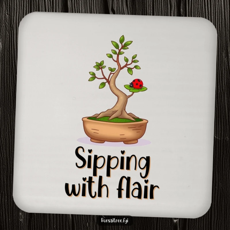 Funny drink coasters featuring a bonsai tree balancing a ladybug, adding a humorous touch to any surface.