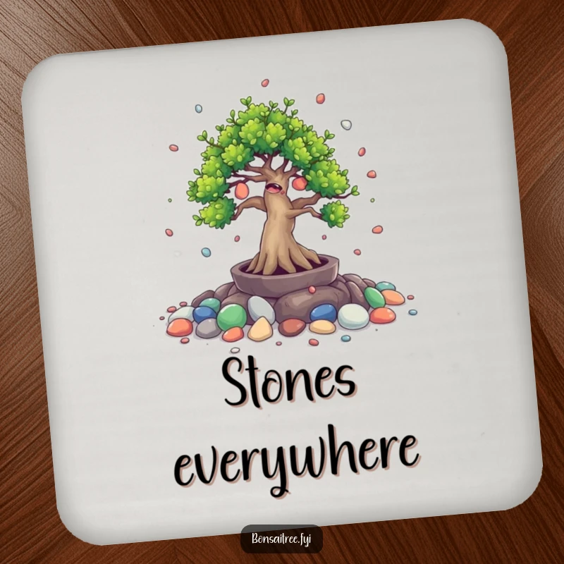 Funny drink coasters showcasing a giggling bonsai tree character spilling tiny painted stones. Adds amusement and protection.