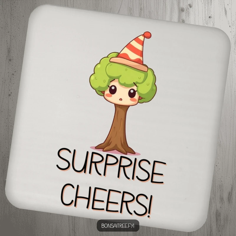 Funny tree coasters depicting a tiny tree wearing a silly hat and looking surprised, adding quirky charm to drinks.