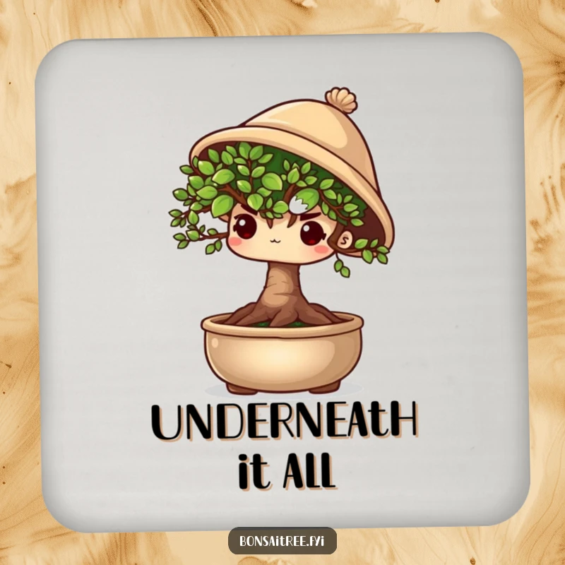 Funny shy bonsai tree character peeking out from under a tiny hat, guarding drinks shyly on a coaster.