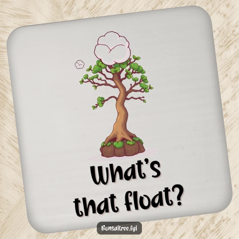 Funny drink coaster featuring a curious bonsai tree character looking at a cotton ball, protecting surfaces with playful curiosity.