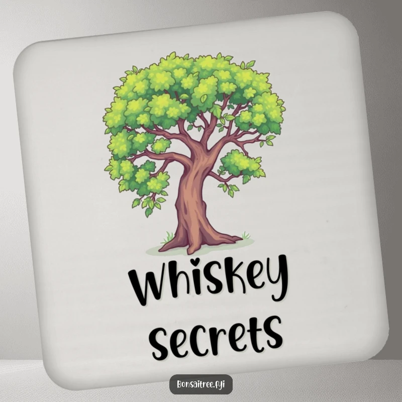 Funny set of drink coasters featuring a small tree leaning in, sharing a humorous secret.