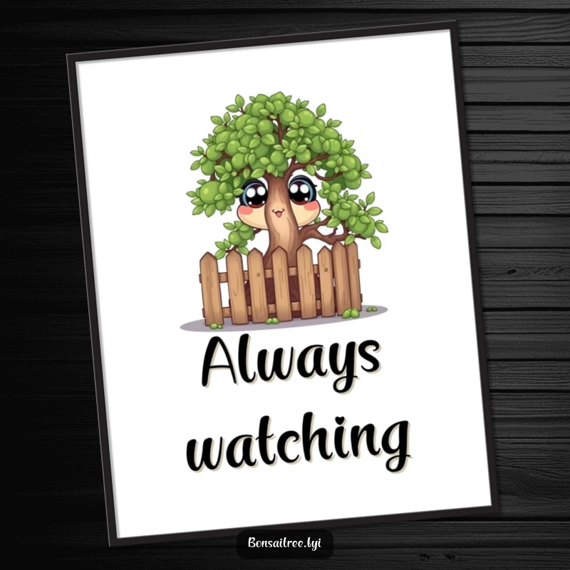 Funny wall art poster of a bonsai tree character with wide, curious eyes peeking over a miniature fence, adding humor to decor.