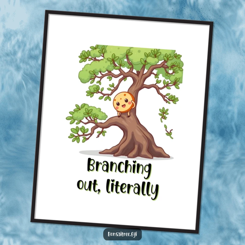 Funny poster art: a brave cookie character energetically climbing a large, intricate bonsai branch, conveying a sense of funny adventure.