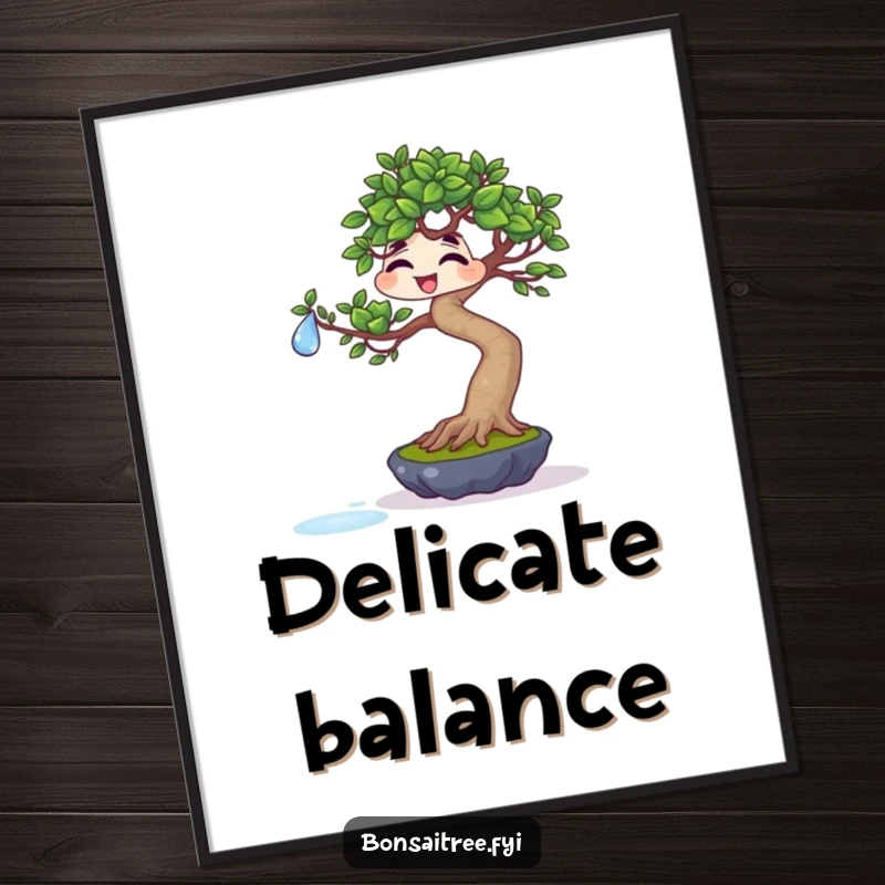 Funny giggling bonsai balancing a water droplet on a leaf on a poster, perfect for whimsical decor and humorous appreciation.
