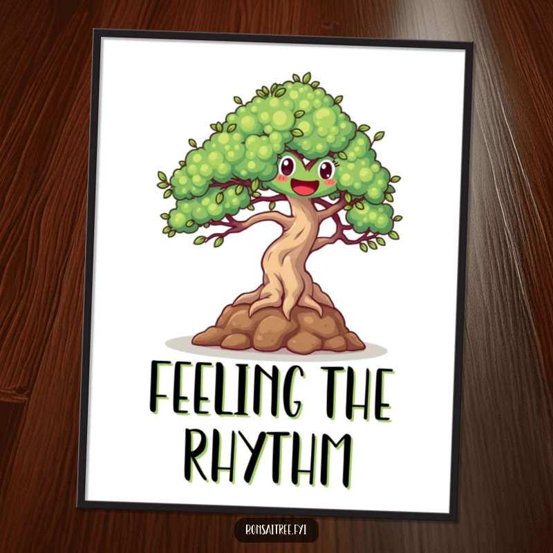 Funny poster print of a happy bonsai tree dancing with its branches swaying in a gentle breeze, a delightful image.
