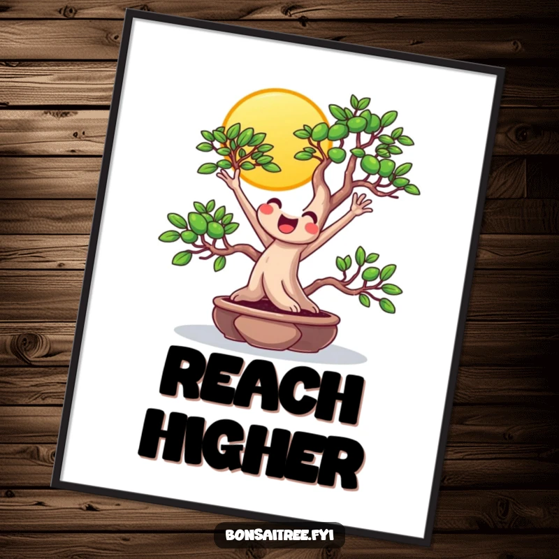 Funny beaming bonsai stretching towards the sun on a poster, perfect for cheerful decor and spreading optimistic humor.