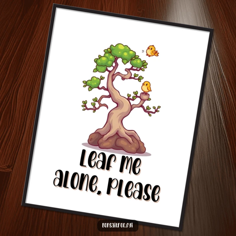 Funny Bonsai Tree Poster: A delightful illustration of a bonsai tree character giggling as a tiny bird settles on its highest twig.
