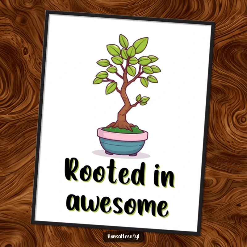 Funny wall art poster of a happy bonsai tree character offering a single, perfect green leaf, adding humor and nature to decor.