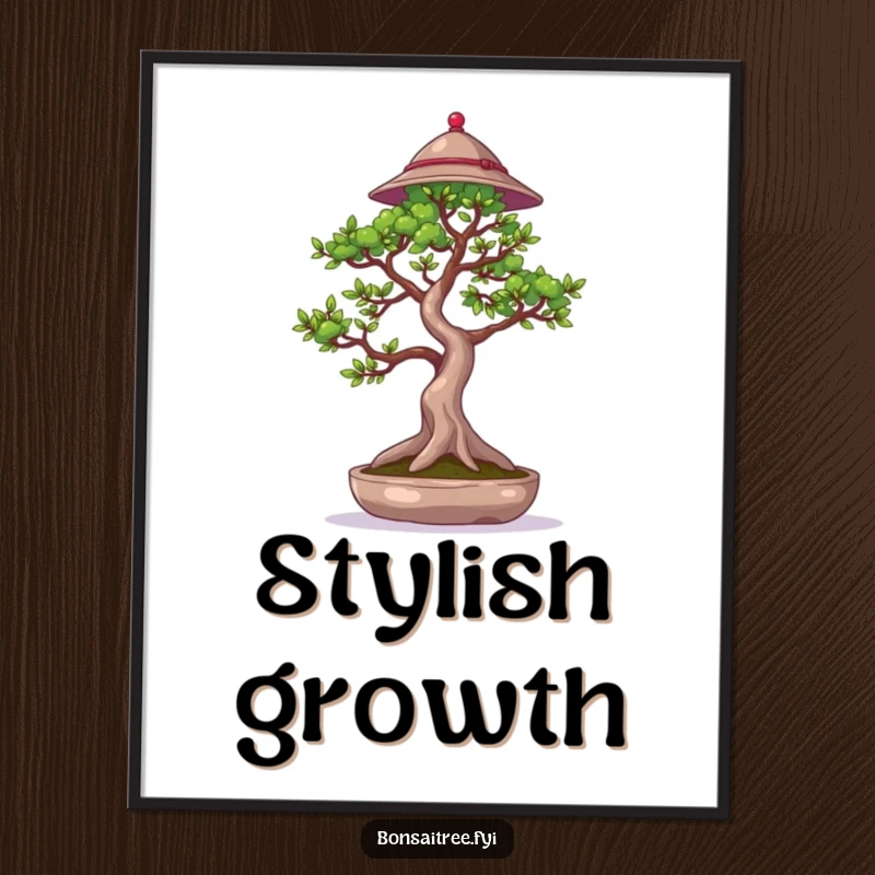 Funny poster art of a bonsai tree wearing a tiny hat, waving a delicate branch, creating a charming and sophisticated wall piece.