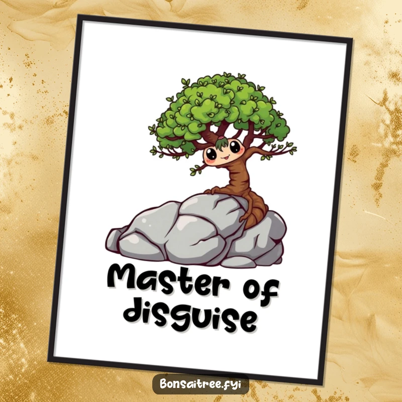 Funny Bonsai Tree Poster depicting a mischievous character playfully hiding behind a rock, adding a humorous and artistic flair to any wall.